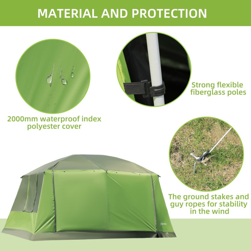 Outsunny Two Room Camping Tent w/ Porch for 4-8 Man, Camping Backpacking Shelter w/ Mesh Windows, Zipped Doors, Lamp Hook & Portable Carry Bag