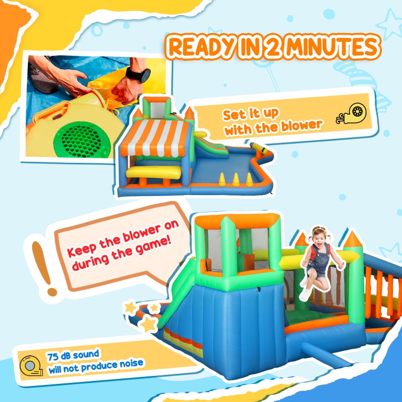 AIYAPLAY Bouncy Castle, Inflatable Bounce House Trampoline with 680W Blower, Water Slide, Splash Pool, Basketball Hoop, Ball Pits, Climbing Wall, Water Gun, Ring Toss, for Kids Outdoor Indoor