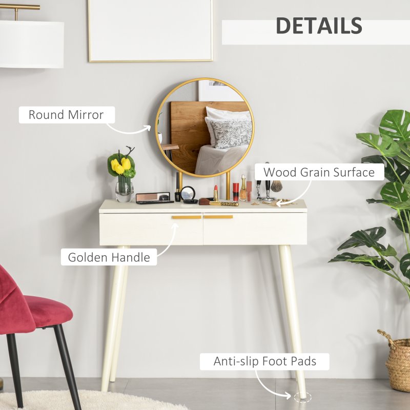HOMCOM Modern Dressing Table with Round Mirror, Makeup Vanity Table with 2 Drawers for Bedroom, Living Room, 80 x 40 x 123 cm, White