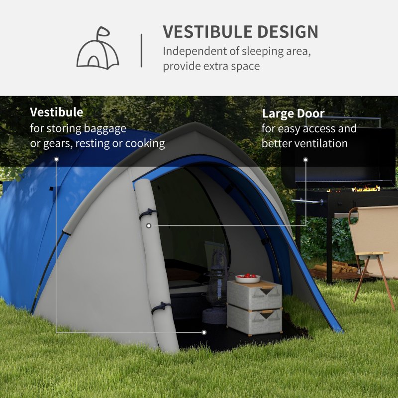 Outsunny Two-Man Camping Tent Dome Tent with Weatherproof Shell, Vestibule & Windows, for Fishing & Hiking, Blue and Grey
