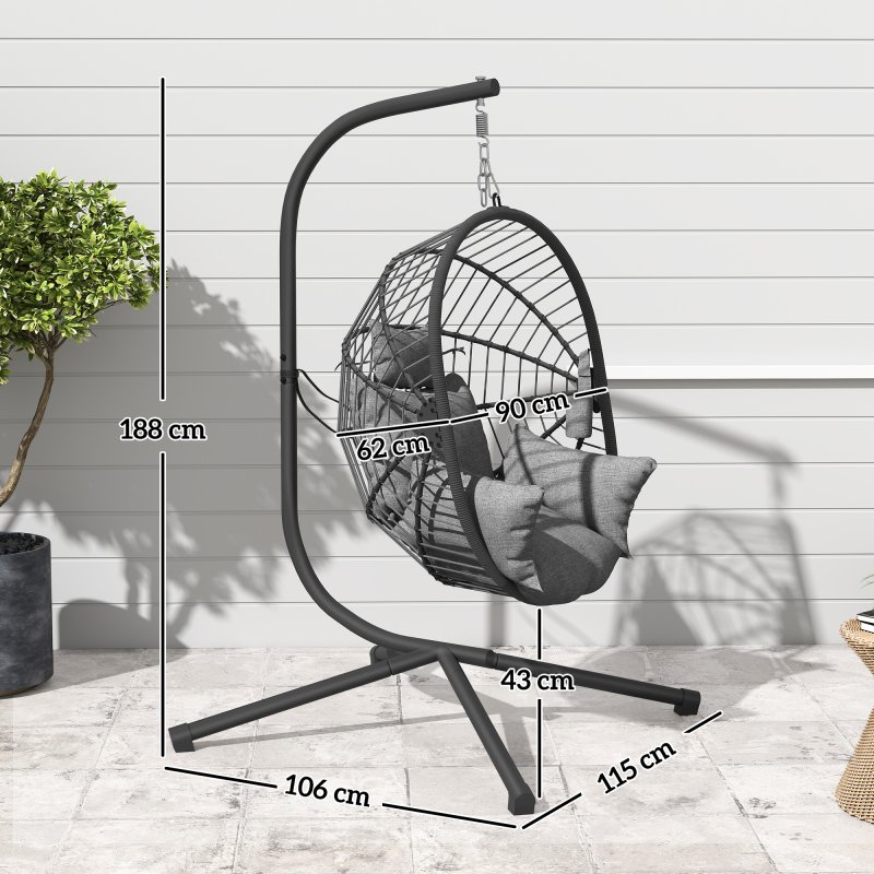 Outsunny Outdoor Swing Chair with Thick Padded Cushion, Patio Hanging Chair with Metal Stand, Foldable Basket Egg Chair with Cup Holder, Rope Structure, for Indoor and Outdoor, Grey