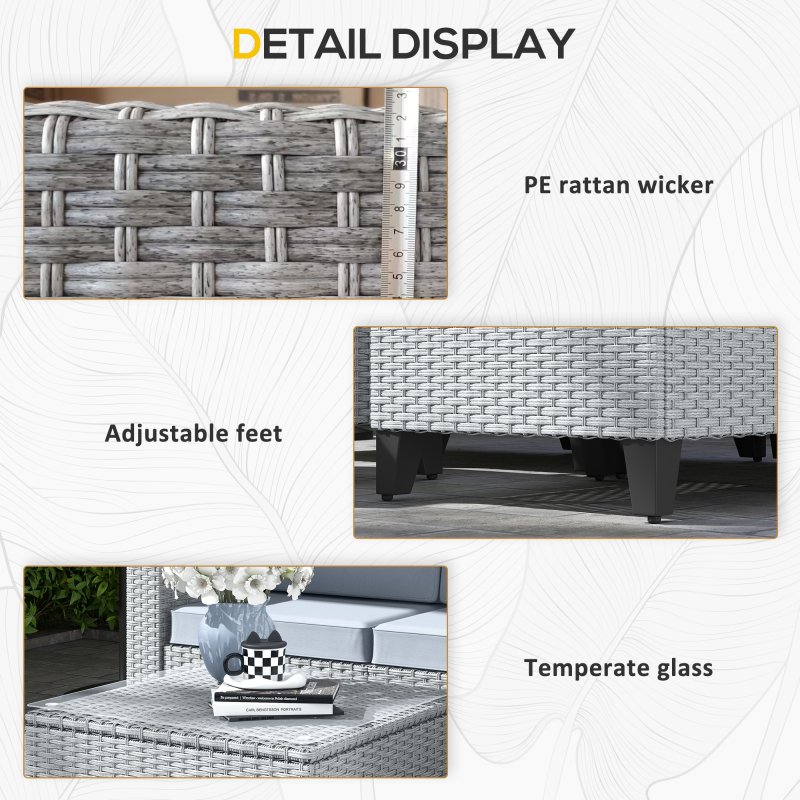 Outsunny 5 Pieces PE Rattan Garden Furniture Set, 4 Seater Garden Corner Sofa Set with Glass Coffee Table, Wicker Outdoor Furniture Set with Cushions for Patio Deck, Grey