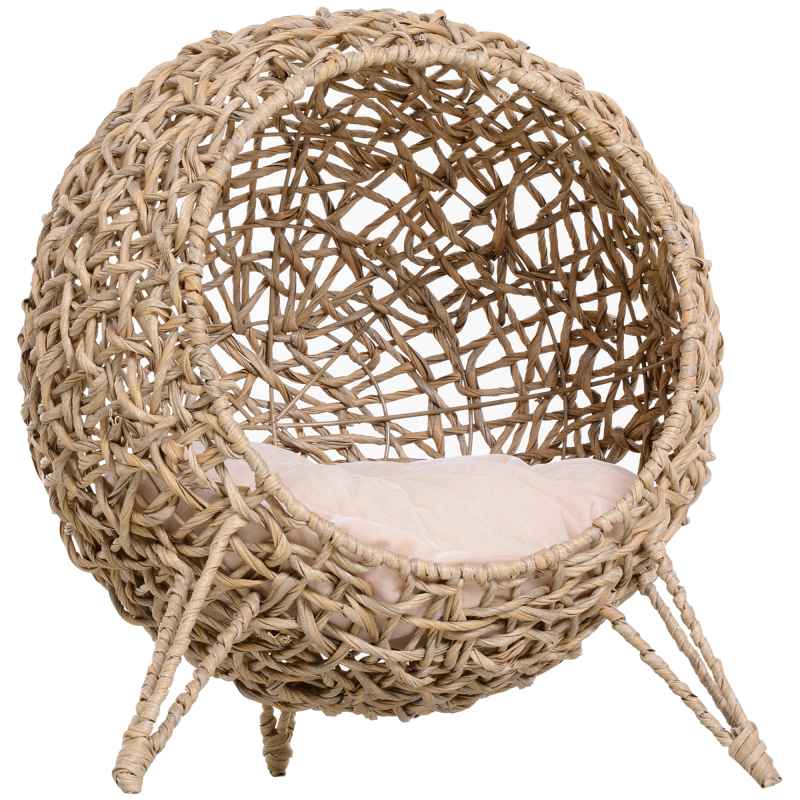 PawHut Wicker Cat House, Rattan Elevated Cat Bed with Three Tripod Legs, Ball-Shaped Cat Basket with Cushion - Natural Wood Finish