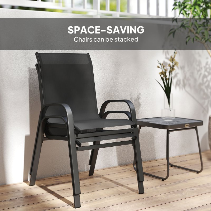 Outsunny Garden Bistro Set, 3 Piece Garden Furniture Set with Stackable Armchairs and SPC Board Coffee Table, Bistro Table and Chairs with Texteline Seats for Balcony, Porch, Black