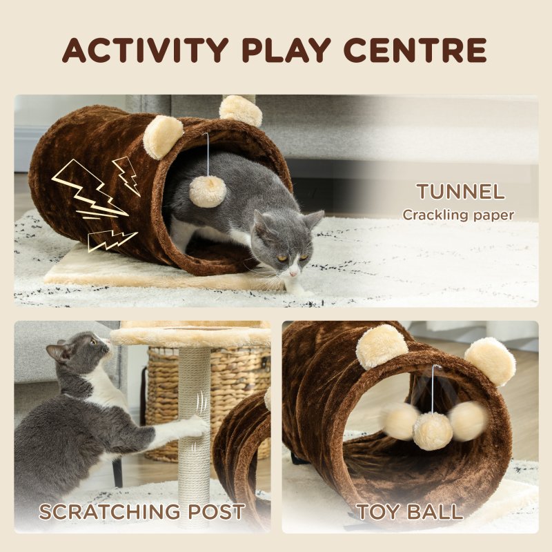 PawHut Cat Tree for Indoor Cats, 47cm Cat Tower with Scratching Post, Cat Bed, Cat Tunnel, Toy Ball, Cute Cat Tree Tower for Kittens and Cats, Dark Brown