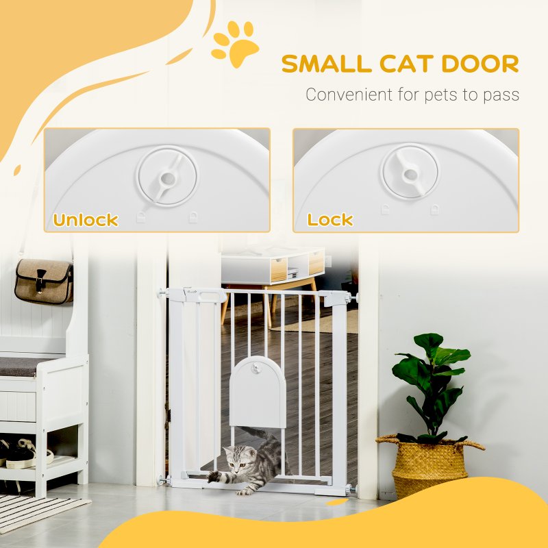 PawHut Dog Gate with Cat Flap Pet Safety Gate Barrier, Stair Pressure Fit, Auto Close, Double Locking, for Doorways, Hallways, 75-82 cm White