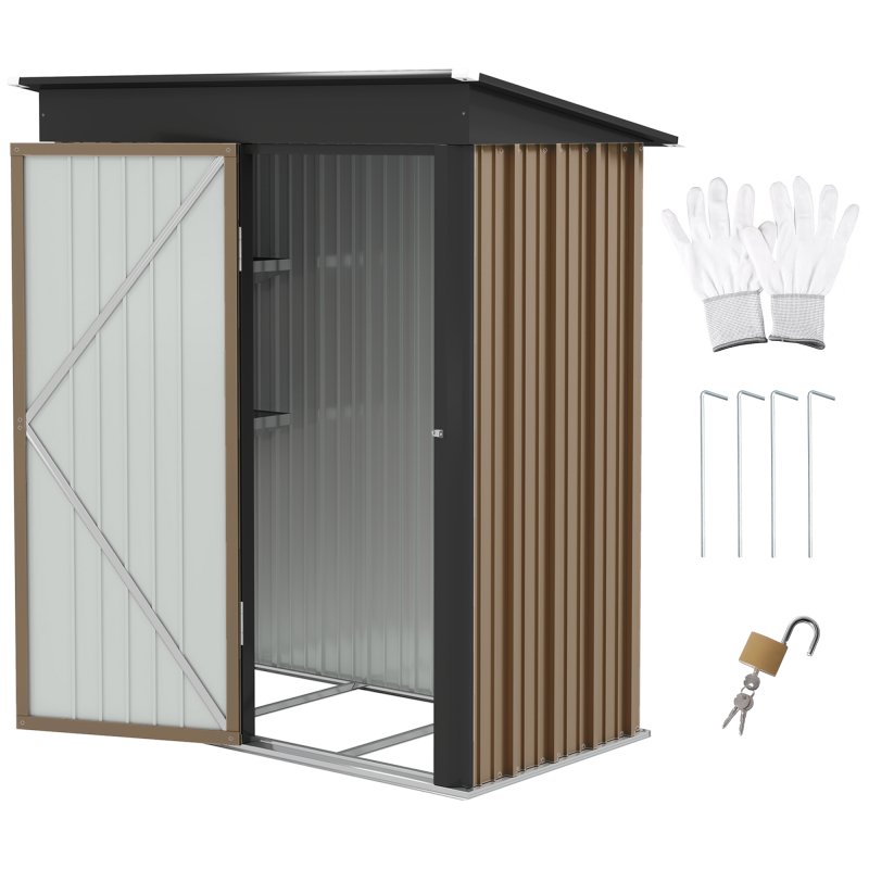 Outsunny 5x3ft Garden Shed, Steel Small Shed, Outdoor Lean-to Shed with Adjustable Shelf, Lock and Gloves for Patio, Garden, Brown with Foundation Kit