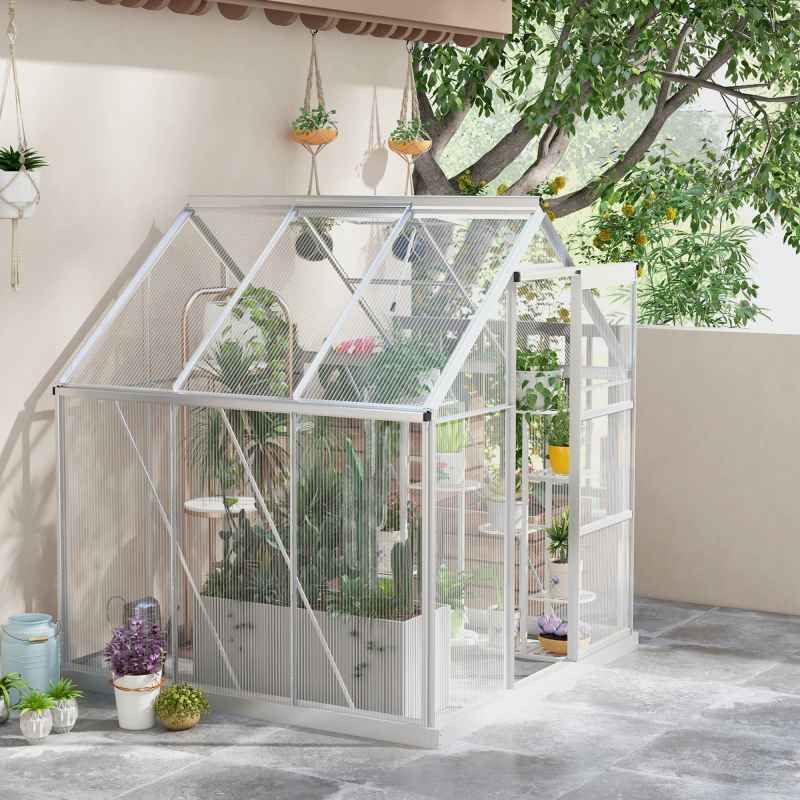Outsunny 6 x 6ft Polycarbonate Greenhouse, Walk-In Greenhouse with Sliding Door, Adjustable Window, Aluminium Frame and Foundation, Garden Grow House with Rain Gutter, Silver