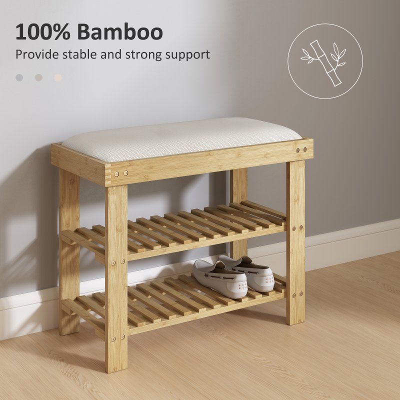 HOMCOM Bamboo Shoe Storage Bench, 3-Tier Shoe Bench with Seat Cushion, Shoe Rack for Entryway, Hallway, Living Room, Bedroom, Cream White
