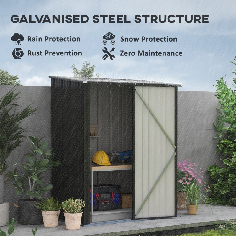 Outsunny 5ft x 3ft Lean to Garden Shed, Metal Outdoor Storage Shed with Single Lockable Door, Tool Storage Shed for Garden, Patio, Black