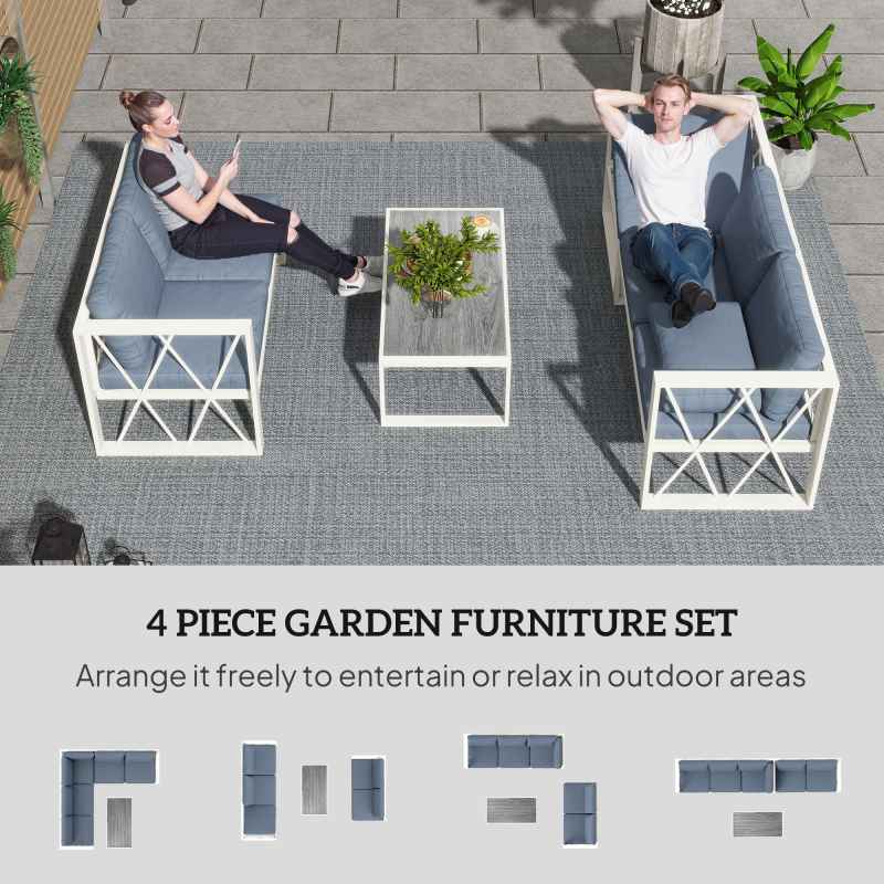 Outsunny 4 Piece L Shaped Garden Furniture Set with 5-Level Adjustable Lounger, 5 Seater Sectional Outdoor Sofa Set with 2 Loveseats, Corner Chair, DPC Coffee Table and Removable Thick Cushions, Grey