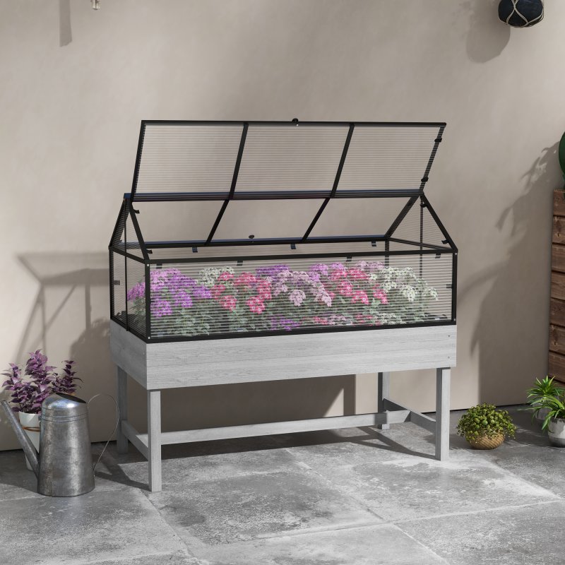 Outsunny Raised Garden Bed with Cold Frame Greenhouse, Elevated Wood Planter Box with Polycarbonate Panel and Top Vent for Vegetables, Flowers, Herbs, 120 x 60 x 103cm, Distressed Grey