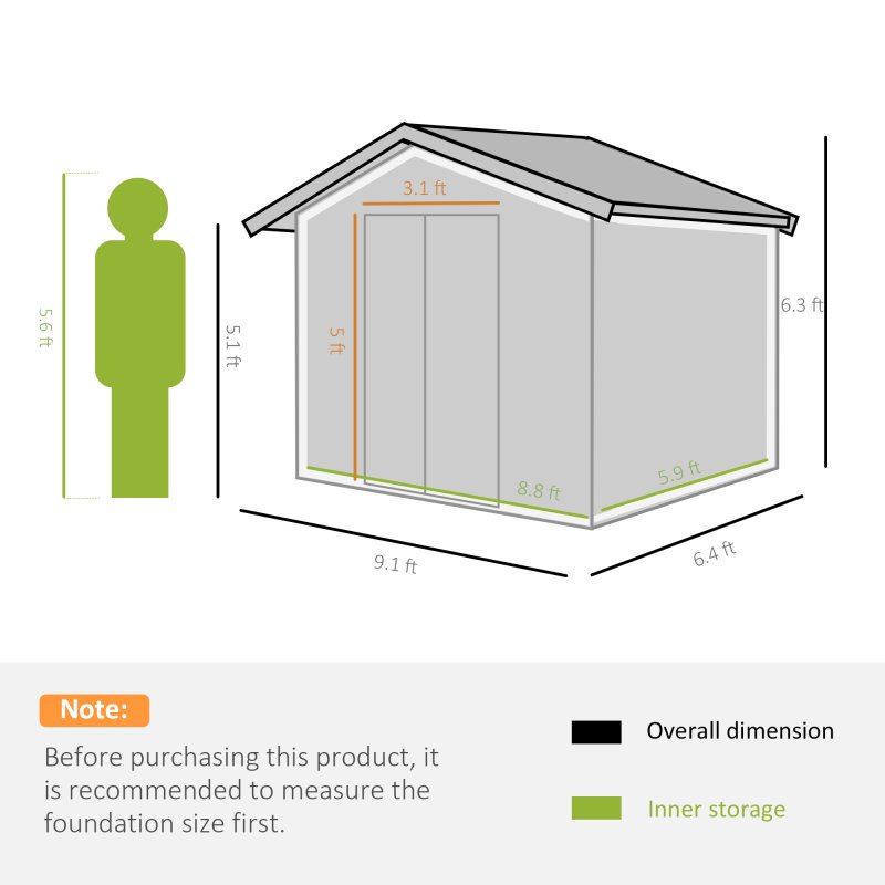 Outsunny 9 x 6FT Outdoor Garden Roofed Metal Storage Shed Tool Box with Foundation Ventilation & Doors Khaki