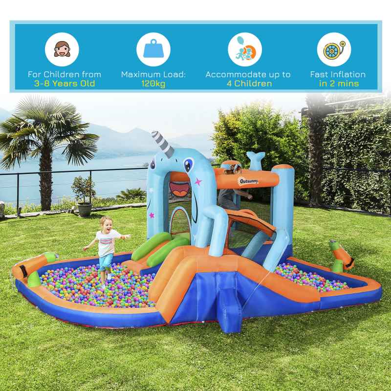 Outsunny 5 in 1 Kids Bouncy Castle Narwhals Style Inflatable House with Slide Trampoline Pool Water Gun Climbing Wall with Inflator Carrybag, 4.2 x 3.7 x 2.3m