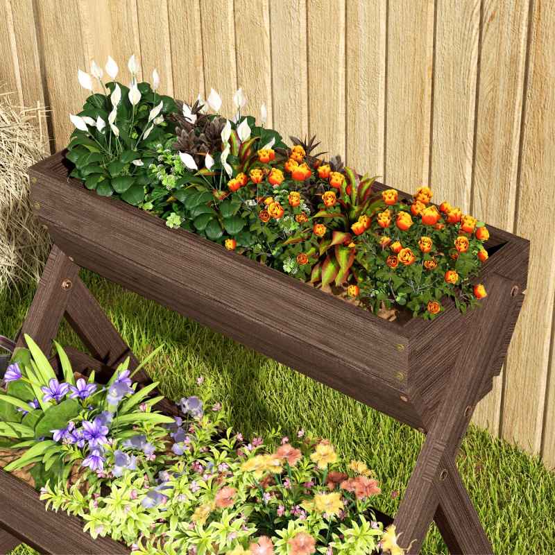 Outsunny 3 Tier 66L Raised Garden Bed Wooden Elevated Planter Box Kit for Flower, Vegetable, Herb, 65 x 75 x 76cm, Tan