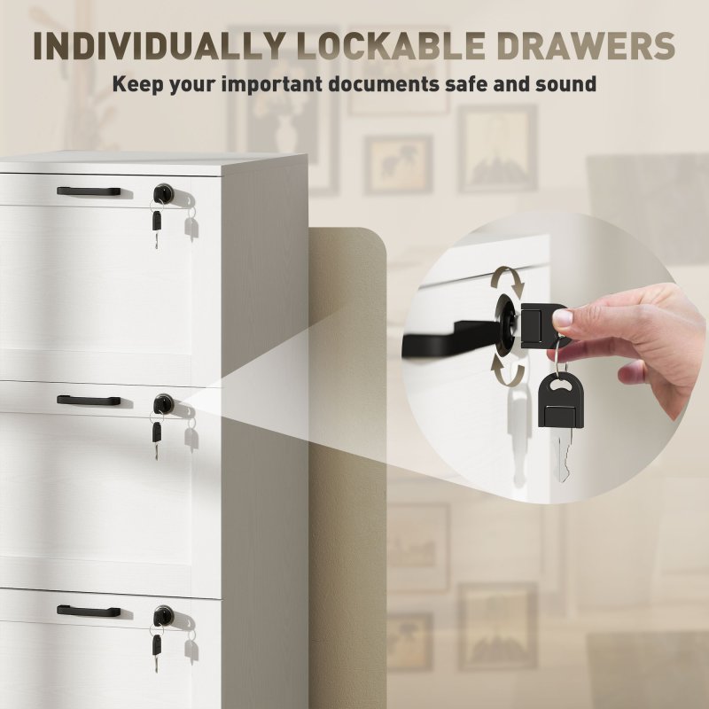 HOMCOM 3-Drawer Filing Cabinet, Lockable File Cabinet for A4, Letter, Office Storage Drawers with Lock for Home Office, 40 x 40 x 101 cm, White