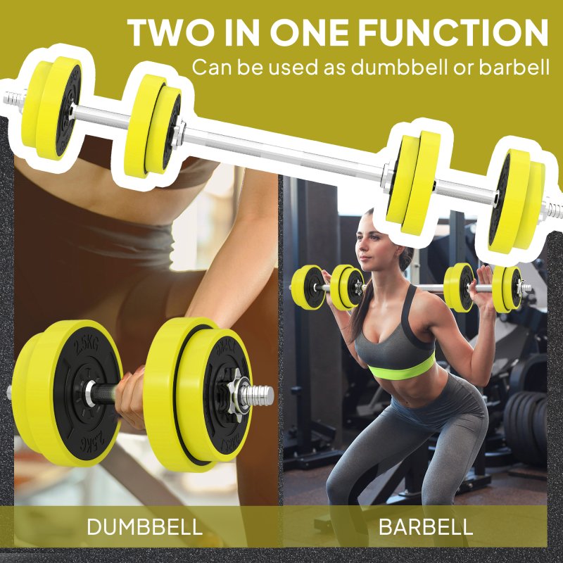 HOMCOM 20KGS 2-In-1 Dumbbell & Barbell Adjustable Set Strength Muscle Exercise Fitness Plate Bar Clamp Rod Home Gym Sports Area, Yellow