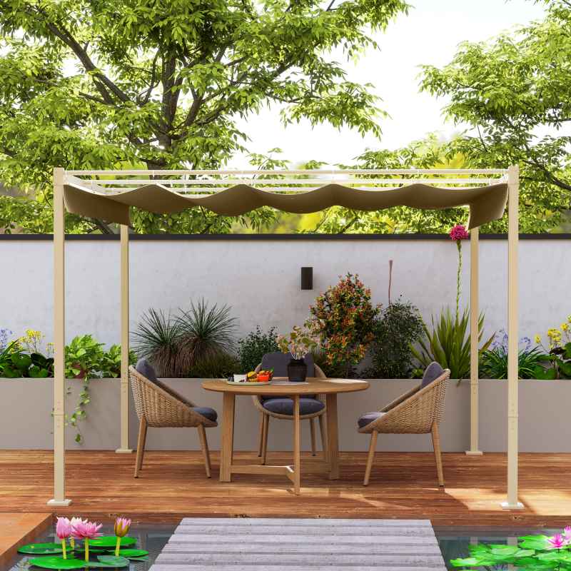 Outsunny 3 x 3(m) Garden Pergola with Retractable Roof and Magnetic Fixture, Outdoor Gazebo Pergola Kit Sun Shade Canopy, UPF30+, Khaki