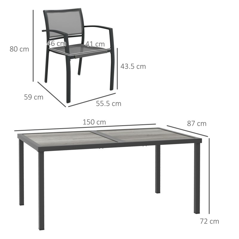 Outsunny 6 Seater Garden Dining Set, Stackable Armchairs and Wood-like Top Table, Space-Saving Outdoor Table and Chairs with Breathable Mesh Seat, Garden Furniture Set, Grey
