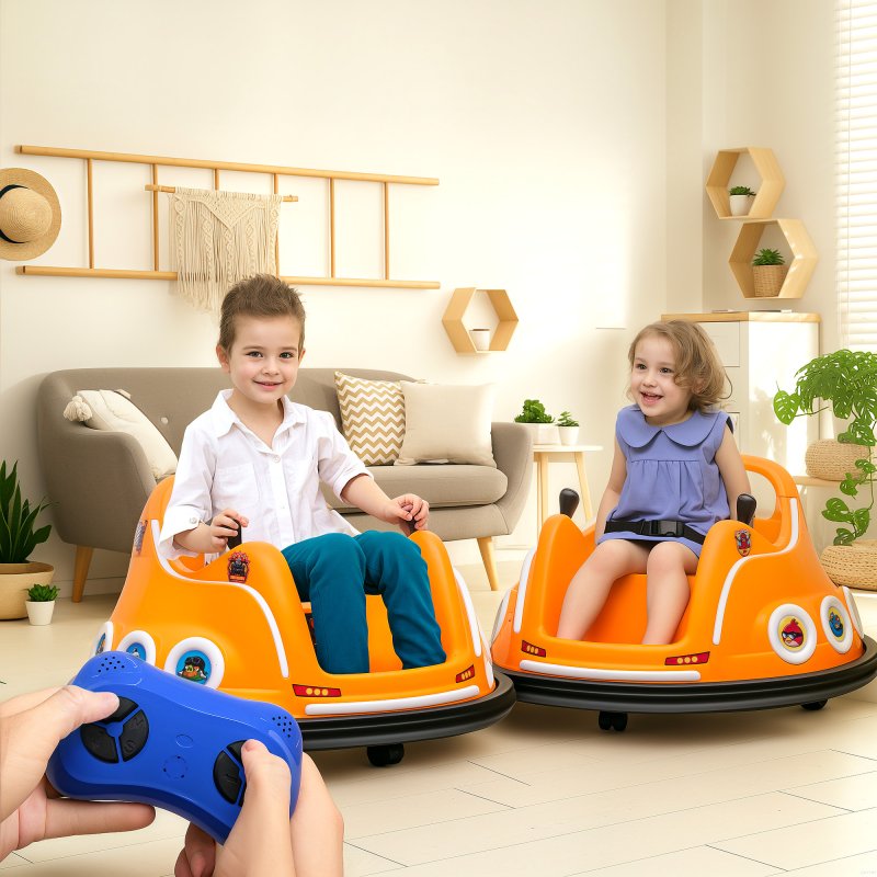 AIYAPLAY Angry Bird Licensed 12V Kids Bumper Car, 360 Rotation Waltzer Car with Joysticks, Remote Control, Music USB LED Lights, for 3-5 Years Old - Orange