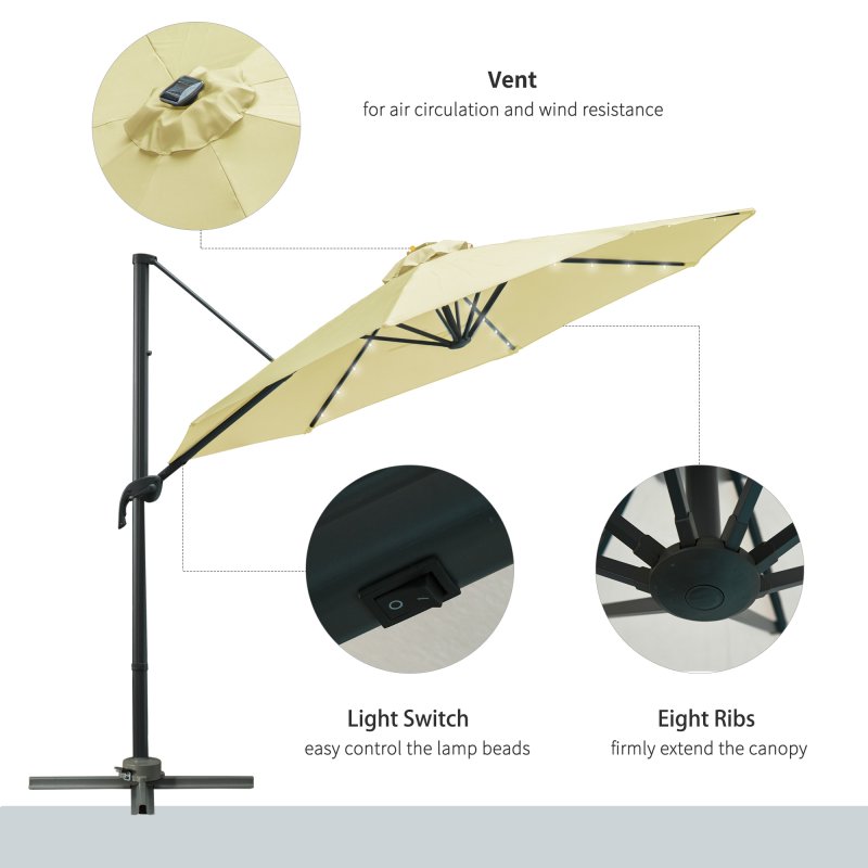 Outsunny 3(m) Cantilever Roma Parasol Patio Sun Umbrella with Crank & Tilt LED Solar Light Cross Base 360 Rotating Outdoor, Beige