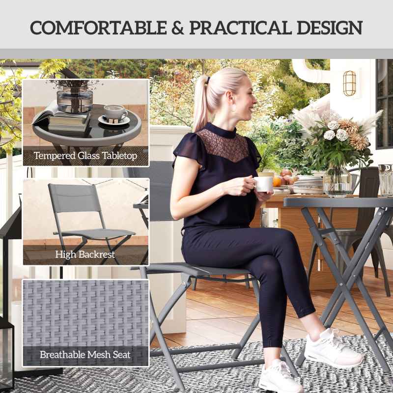 Outsunny 3 Pieces Outdoor Bistro Set, Glass Top Outdoor Table and 2 Folding Chairs, Garden Furniture Set with Protecting Feet, Steel Frame, Easy Clean, Grey