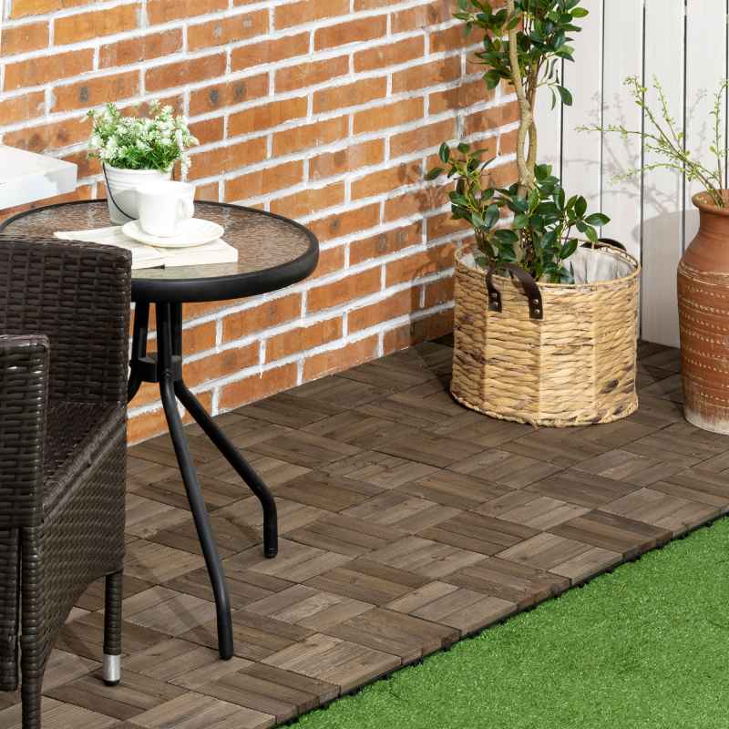 Outsunny 27 Pcs Wooden Interlocking Decking Tiles, Outdoor Flooring Tiles for Patio, Balcony, Terrace, Hot Tub, 30 x 30 cm per Piece, 2.5m² per Pack, Charcoal Grey
