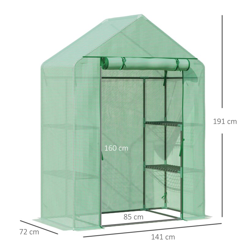 Outsunny Walk In Greenhouse with Shelves, Portable Gardening Plant Grow House for Outdoor with 2 Tier Shelf, Roll-Up Zippered Door, PE Cover, 141 x 72 x 191cm, Green
