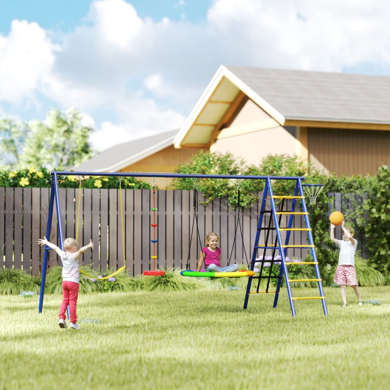 AIYAPLAY 6 in 1 Kids Swing Set, Metal Swing with 3 Swings, Basketball Hoop, Climbing Ladder and Net, Heavy Duty A-Frame Garden Swing Kids Outdoor Children Playground for Ages 3-8