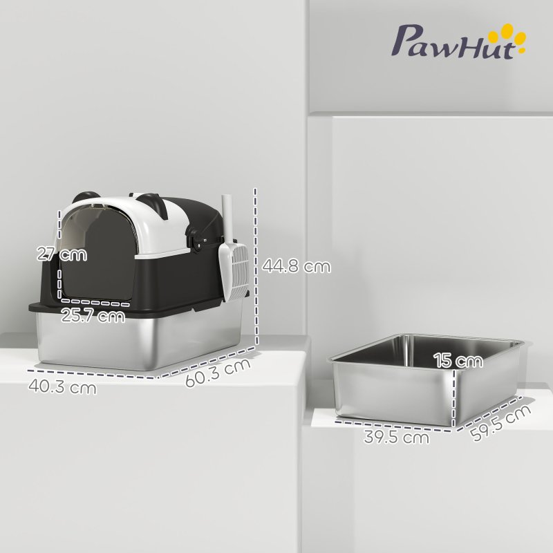 PawHut XL Stainless Steel Litter Box with Lid, Extra Large Enclosed Litter Tray with Scoop & 180 Flip Front Cover, Anti-Leakage, Non-Sticky, Non-Odour, Easy Cleaning, for Big Cats, Panda Style