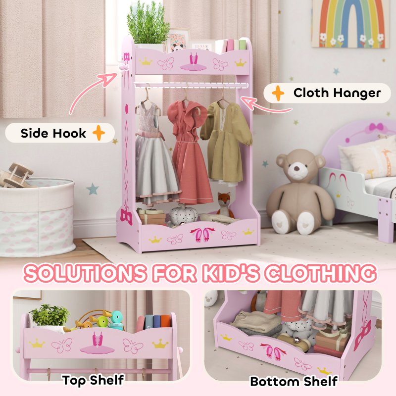 AIYAPLAY Wooden Kids Clothes Rail, Dress Up Rail with Top, Bottom Storage Shelves, for 3 Years+, 70 x 37 x 103cm, Pink