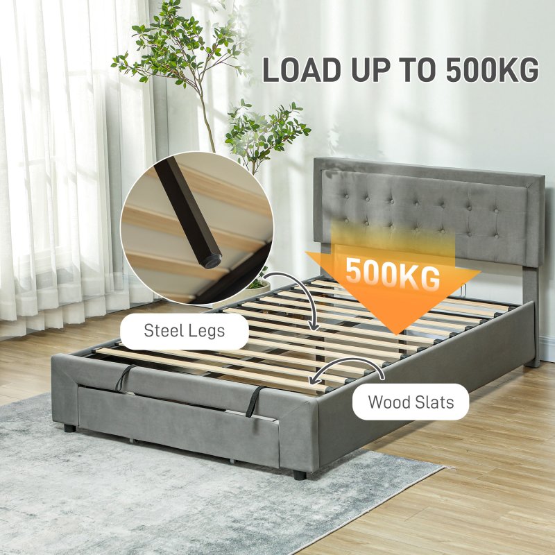 HOMCOM Double Ottoman Bed Frame with Hydraulic Lifting Storage, Wheeled Drawer, Adjustable Velvet Upholstered Headboard, Wooden Slats Mattress Foundation, No Box Spring Needed, Grey