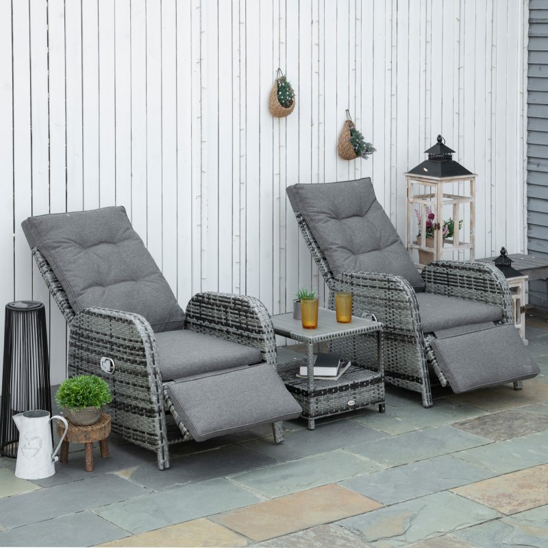 Outsunny 3 Pieces Rattan Bistro Set, Wicker Balcony Furniture Set with Reclining Sun Loungers, 2-Tier Coffee Table and Cushions, 2 Seater Garden Furniture for Outdoor Patio Balcony, Mixed Grey