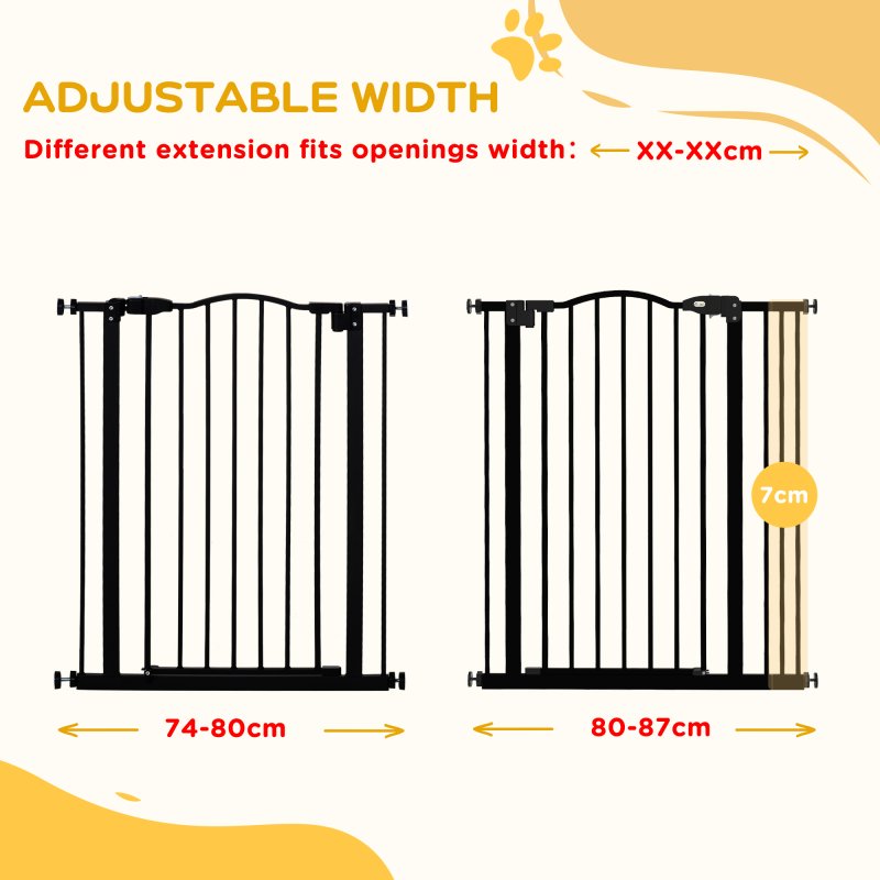PawHut Pressure Fit Dog Stair Gate No Drilling Safety Gate Auto Close for Doorways, Hallways, 74-87cm Adjustable, 94cm Tall, Black