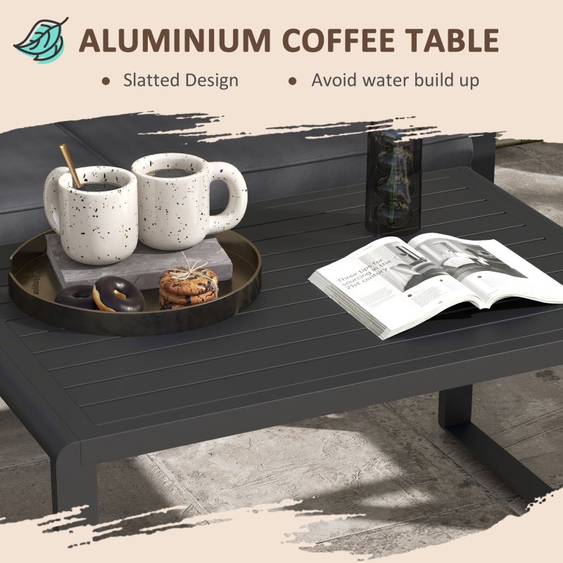 Outsunny 4 Pieces Aluminium Garden Furniture Set with Cushions, Patio Furniture Set with Slatted Aluminium Top Coffee Table, Sofa Set with Rope Decoration Weave Armchairs, Black