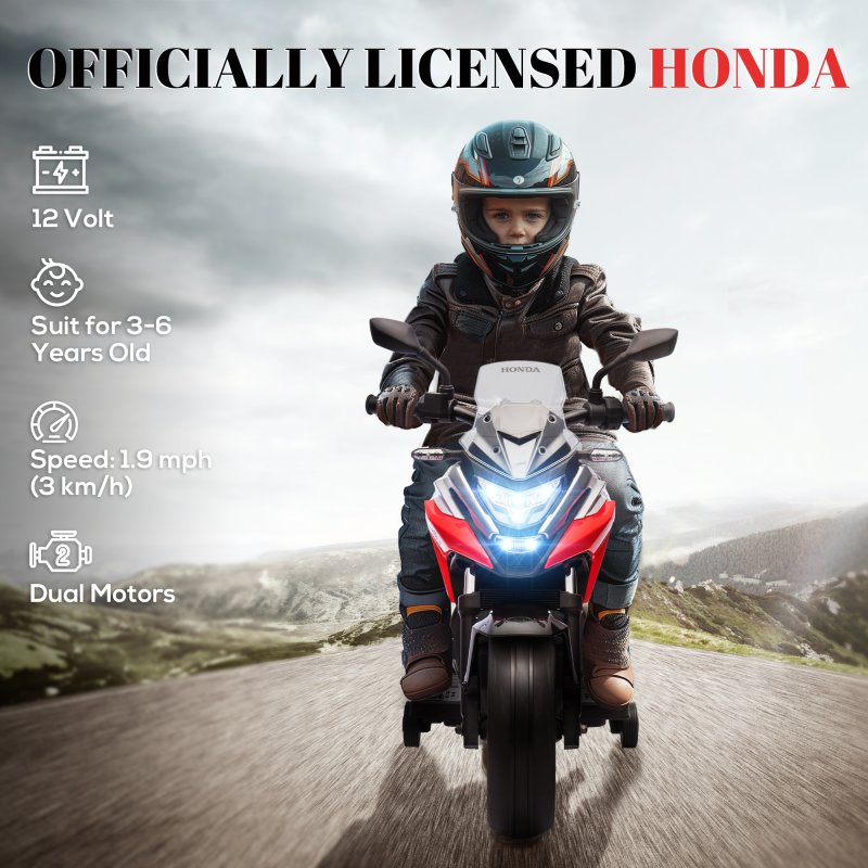 AIYAPLAY Honda Licensed 12V Kids Electric Motorbike, Ride on Motorcycle with Music, Headlights, Early Education Function, 2 Training Wheels, for 3-6 Years - Red