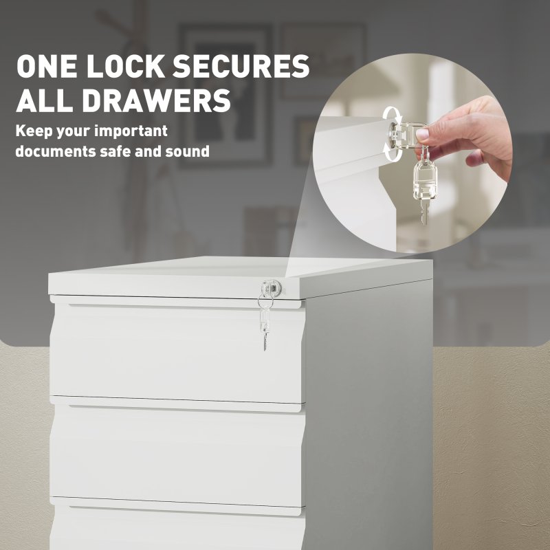 Vinsetto 3-Drawer Filing Cabinet with Lock, Mobile Steel File Cabinet for A4, Legal and Letter Size, Under Desk Drawers with Pre-Assembled Body for Home Office, 30 x 43.5 x 60 cm, White