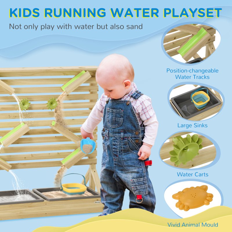 Outsunny water wall for kids outdoor Water and Sand play table with 18 Accessories, Wooden Outdoor Toys for Ages 3-7 Years