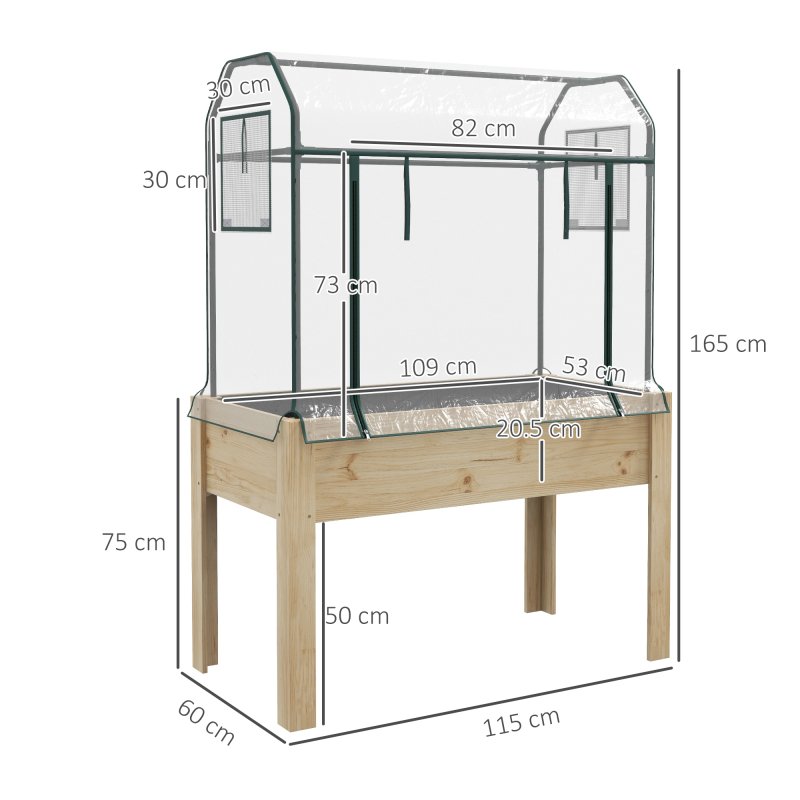 Outsunny Wooden Raised Planter with Plastic Greenhouse Cover and Bed Liner, Elevated Garden Bed for Vegetables, Flowers, Herbs, 115 x 60 x 165cm, Clear