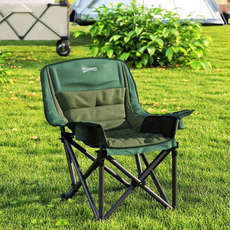 Outsunny Folding Camping Chair for Adults, Portable Padded Folding Chair with Cup Holders, Side Pockets and Carry bag for Picnic, Hiking, Fishing, Olive Green