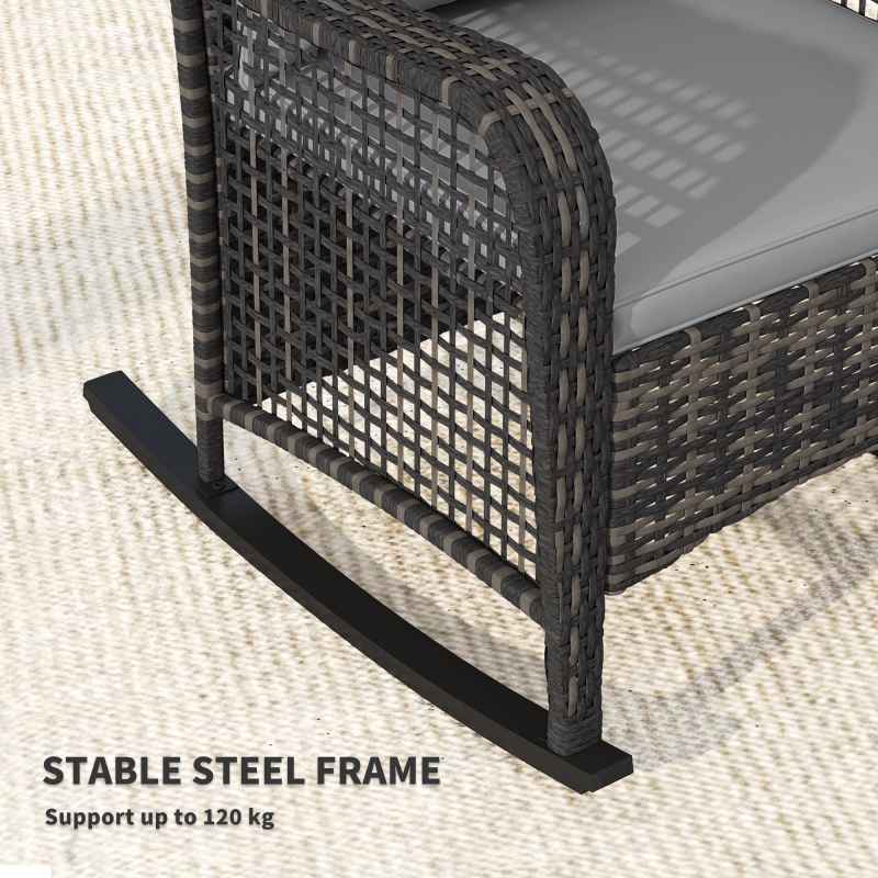 Outsunny Garden Rocking Chair, Outdoor Rattan Rocker Lounge Chair with Seat and Back Cushions, Patio Armchair Seat with All-weather Wicker, Steel Frame for Porch Balcony, Light Grey