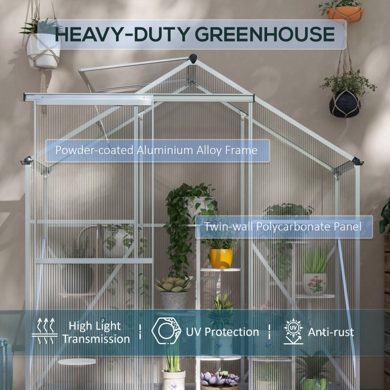 Outsunny 6 x 2.5ft Polycarbonate Greenhouse, Walk-In Green House with Sliding Door, 5-Level Roof Vent, Rain Gutter, Garden Plants Grow House with Aluminium Frame and Foundation, Silver