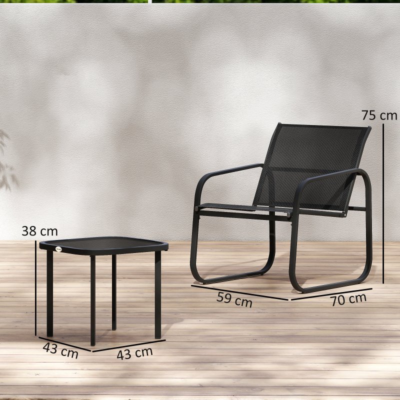 Outsunny Garden Bistro Set, 3 Piece Metal Garden Furniture Set with Mesh Chairs and Square Glass Top Table, Small Balcony Furniture for Outdoor, Patio, Conservatory, Black