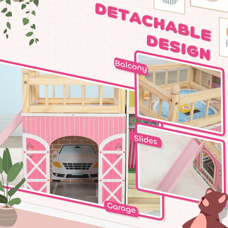 AIYAPLAY Dolls House with 13 Pieces Wooden Furniture and Accessories, 3 Levels Play Set with Detachable Balcony, Garage, Movable Slides, Gift for 3-6 Years