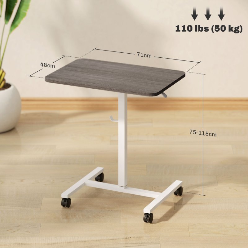 HOMCOM Height Adjustable Standing Desk, Pneumatic Sit Stand Desk for Laptop, Mobile Overbed Table with Wheels and Headphone Hook for Home Office