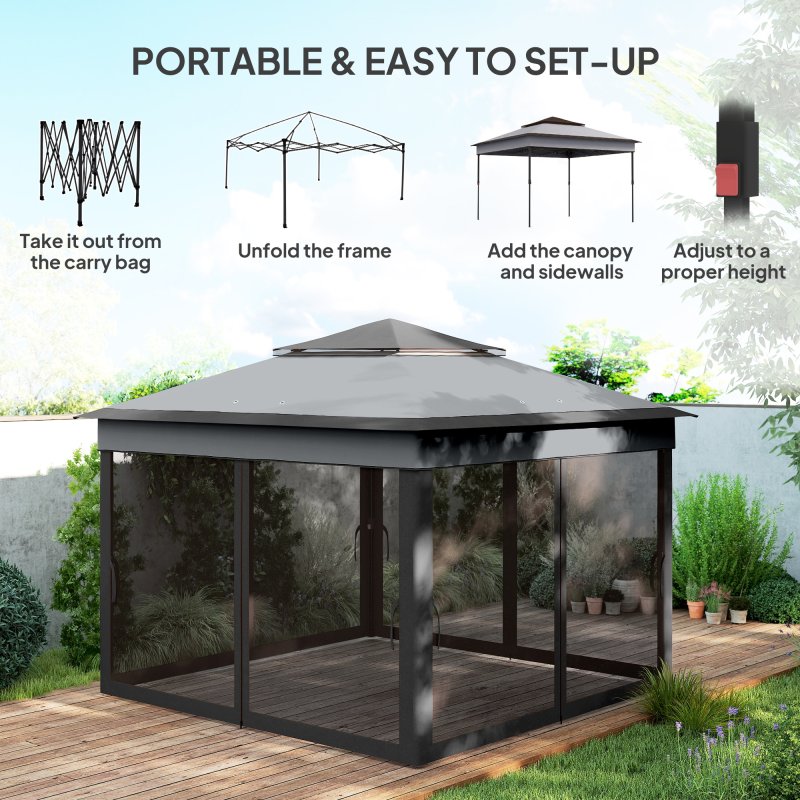 Outsunny 3 x 3(m) Pop Up Gazebo with Netting and Carrying Bag, Party Tent Instant Event Shelter, Height Adjustable and UV-Resistant, for Garden, Patio, Grey