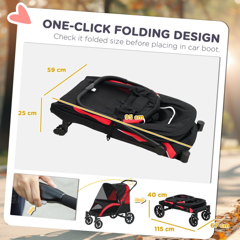 PawHut Dog Stroller, Easy Folding Pet Stroller for Large Dogs, Puppy Pram Pet Pushchair with 4 Big Wheels, Shock-Absorbing Frame, Safety Leashes, Brakes, Red/Black