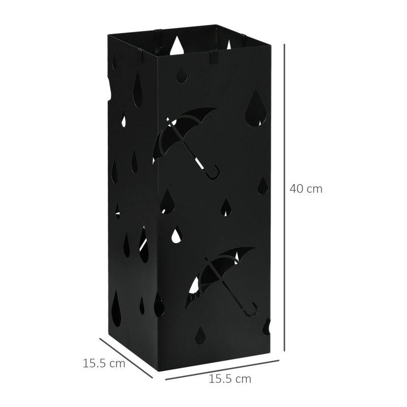 HOMCOM Steel Umbrella Stand, Square Umbrella Holder with 4 Hooks and Removable Drip Tray, Hollowed Umbrella Basket for Hallway