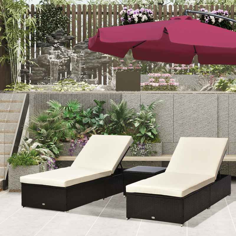Outsunny 3 Pieces Rattan Sun Loungers with Side Table, 5-Level Adjustable Garden Recliner Sun Loungers Set of 2 with Cushions, Wicker Outdoor Patio Furniture with Glass Top Coffee Table, Dark Brown