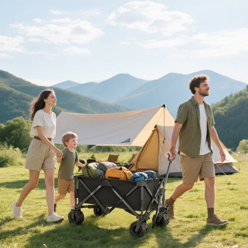 Outsunny 140L Festival Trolley on Wheels, Folding Camping Trolley Cart with Telescopic Handle, Big Wheels for Outdoor Garden Beach Fishing, Black